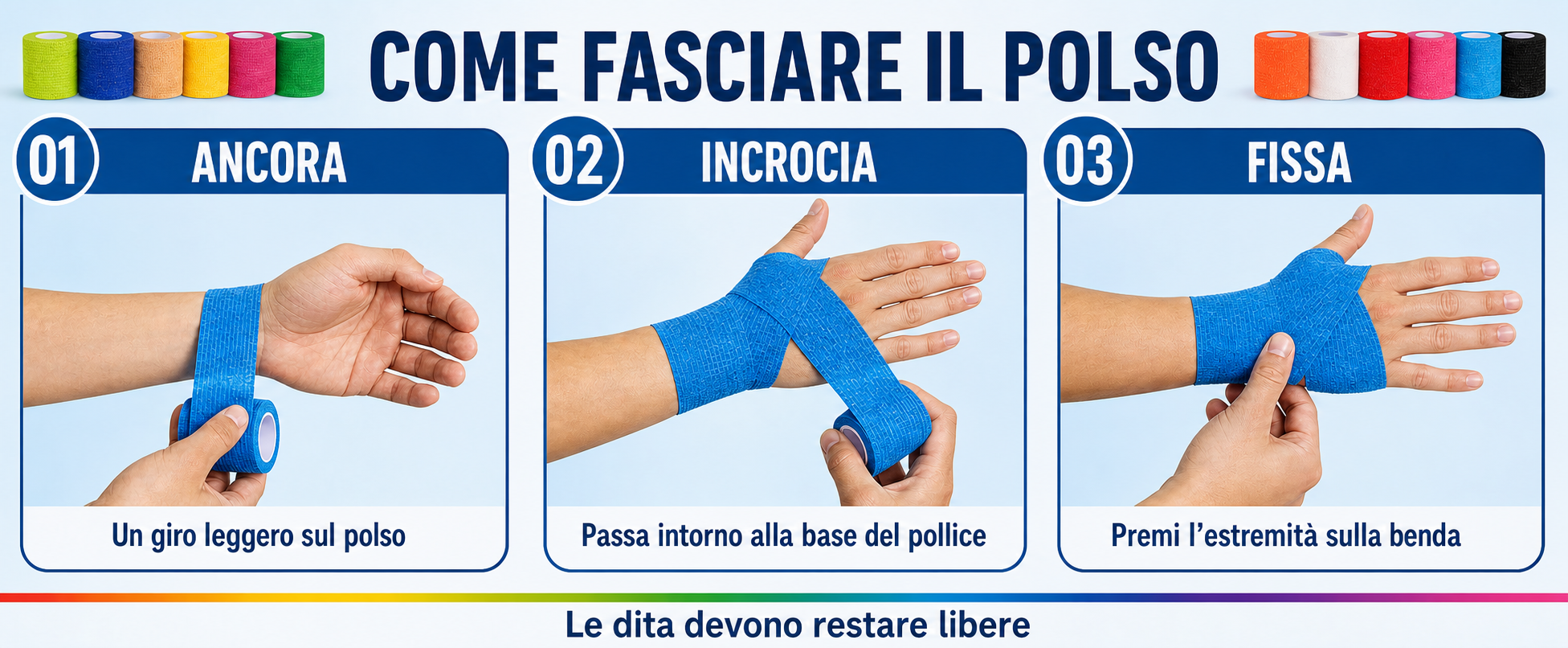 Fascia elastica coesiva applicata al polso con dita libere