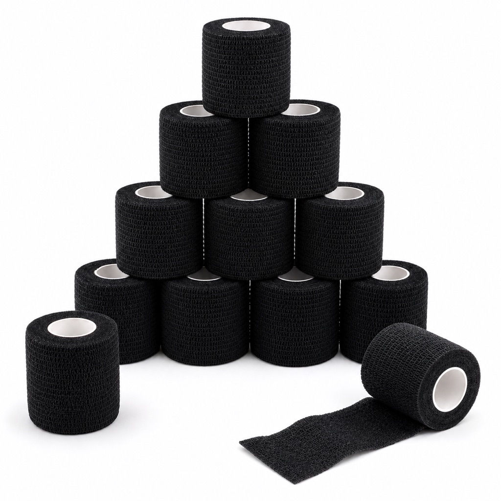 Dodici bende coesive nere ColorColar da 5 cm disposte a piramide
